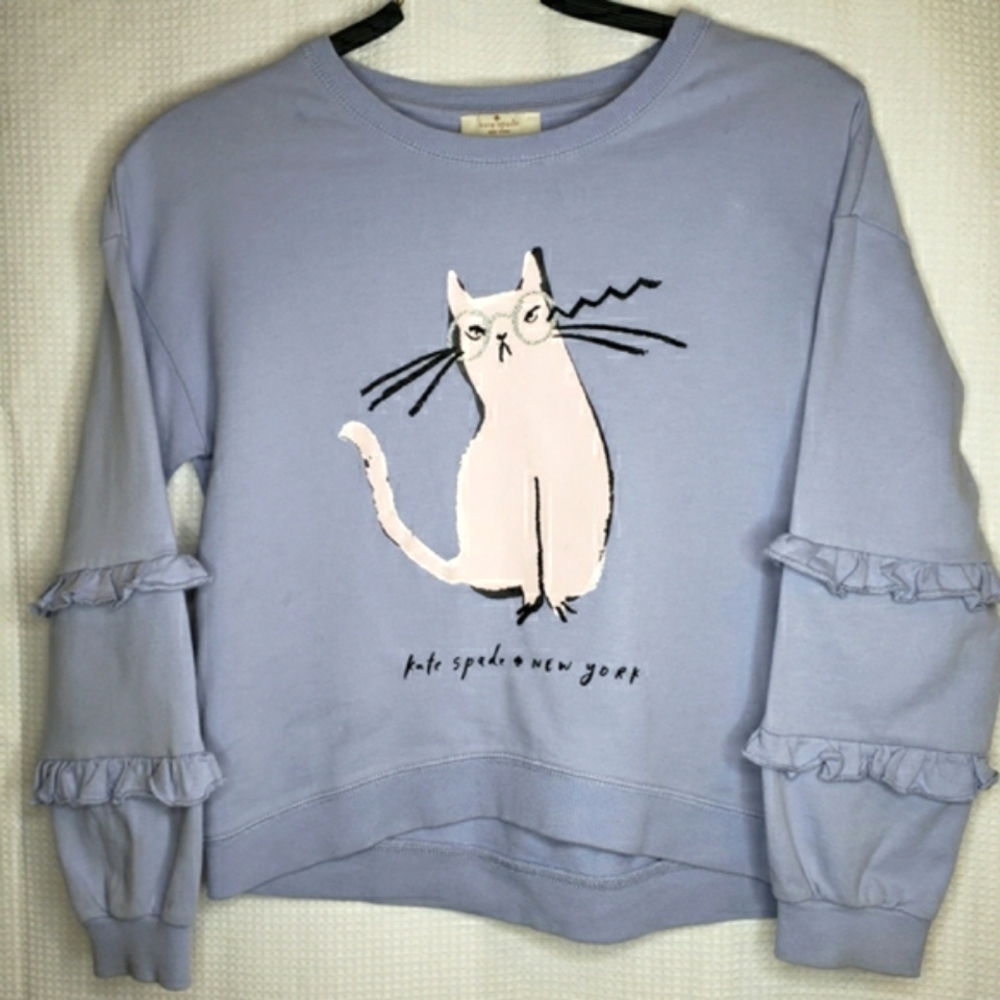Kate Spade Girls Size 10 Pastel Purple Lavender Cat Ruffle Sweatshirt Top